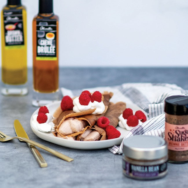 Sjokoladekreper med mascarponekrem, bringebær og Crème Brûlée-balsamico
